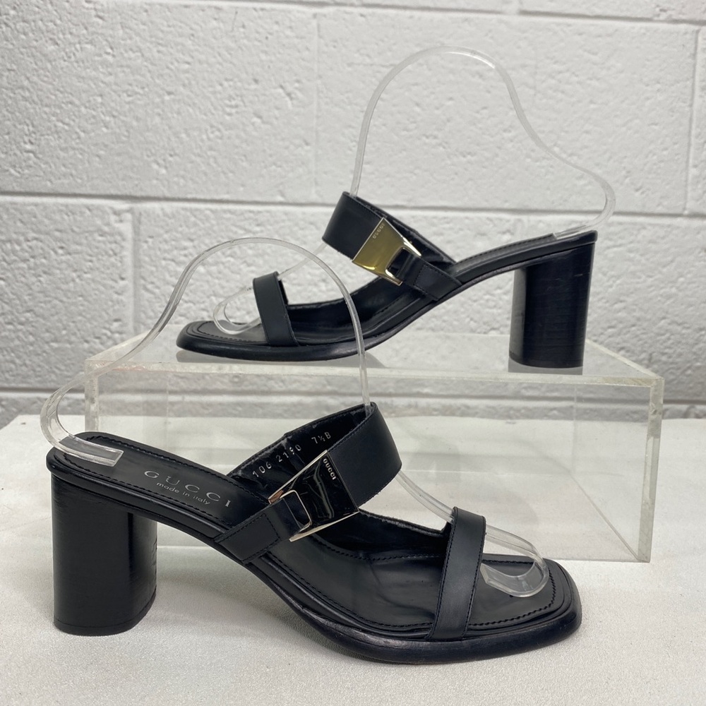 Gucci Black Leather Double Strap Block Heel Slides Sandals women’s size 7.5 - Picture 2 of 12